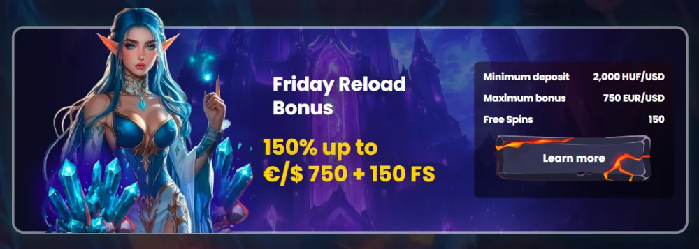 Baner bonusowy Reload w SlotsGem w piątek oferujący 150% do €/$ 750 i 150 darmowych spinów